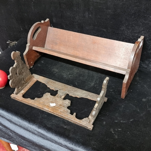 257 - Two vintage book troughs including an unusual pierced example with folding Edwardian lady silhouette... 