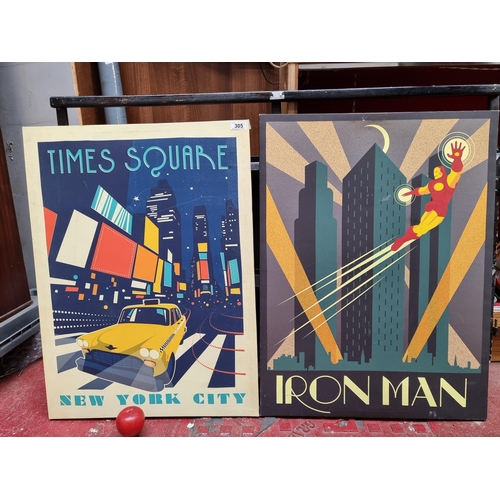 305 - Two good sized prints on canvas, one advertising Time Square, the other Iron Man in a striking Art D... 