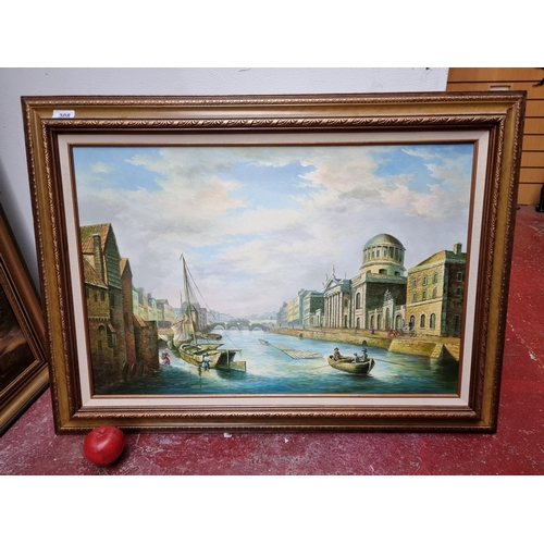 308 - Star Lot: A  fabulous large original oil on canvas painting featuring a medieval view of Dublin's Fo... 