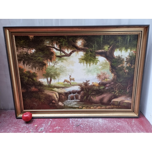 309 - A mystical original oil on canvas painting showing an ethereal clearing bathed in light surrounded b... 