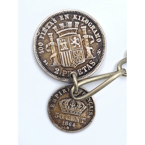 46 - A handsome example of an antique T-bar link watch chain, set with a silver Two rare Passetas coin mo... 