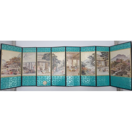 57 - A fine example of a Japanese eight panel folder, showing numerous vivid Japanese family scenes depic... 