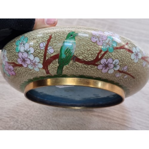 326 - A wonderful example of a vintage Chinese cloisonné bowl featuring a beautiful cherry blossom and son... 