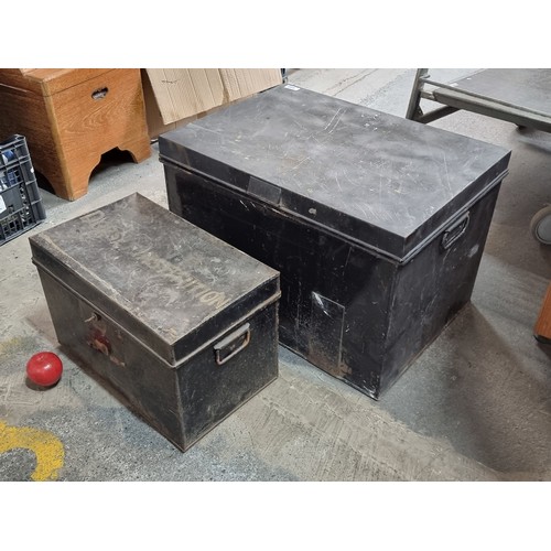 498 - Two fabulous metal trunks including a large vintage example by JH Veteran with a hinged lid, ample s... 