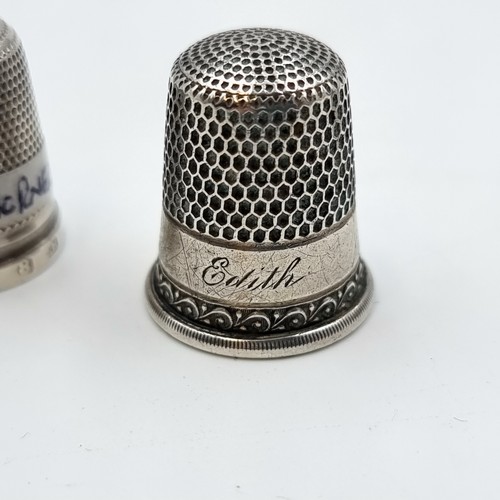 524 - A collection of six sterling silver thimbles. Of particular interest, a Thimble by the notable maker... 
