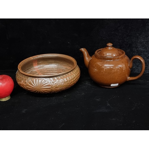 251 - Two items including an Adock Lindley and Bloore 'Brown Betty' teapot and Chinese dimpled planter in ... 