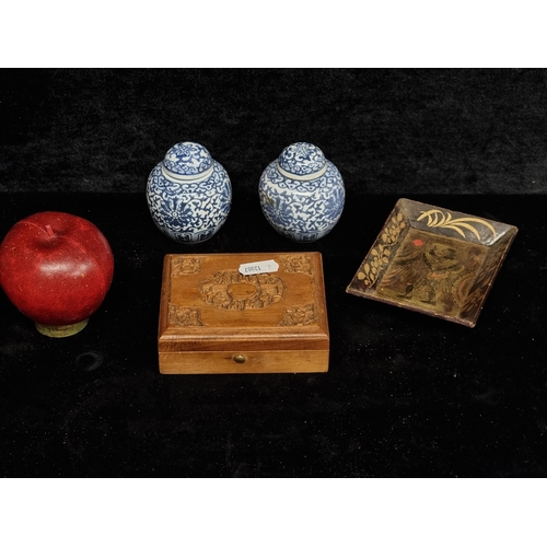 259 - Four beautiful vintage pieces including a pair of miniature ginger jars, a lacquered tray showing th... 