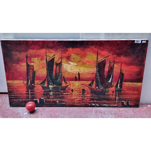 301 - A large enticing original oil on canvas painting featuring tall ships sailing out to the setting sun... 