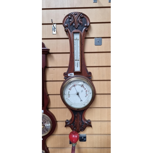 305 - A fabulous antique 19th century large  wall mounting barometer and mercury thermometer with carved w... 