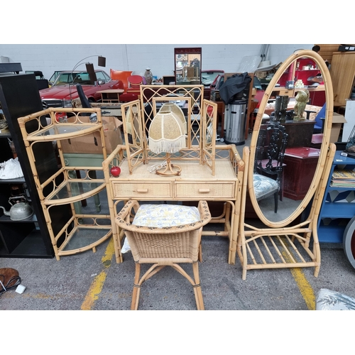 557 - An incredible six piece suite of bamboo and rattan furniture consisting of a dressing table with sep... 