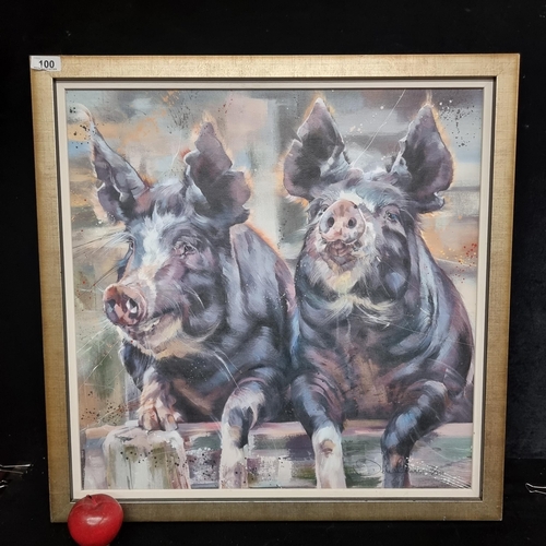 100 - A high quality print of a painting of two charming pigs by Debbie Boon, housed in a silver toned fra... 