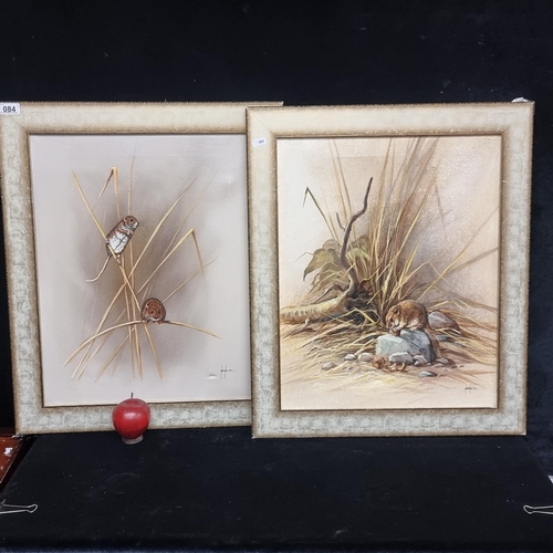 84 - Two lovely original oil on canvas paintings showing a tawney dormouse with his fluffy tail perched o... 