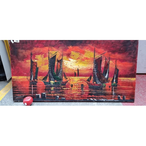 306 - A large enticing original oil on canvas painting featuring Chinese Junk ships sailing out to the set... 