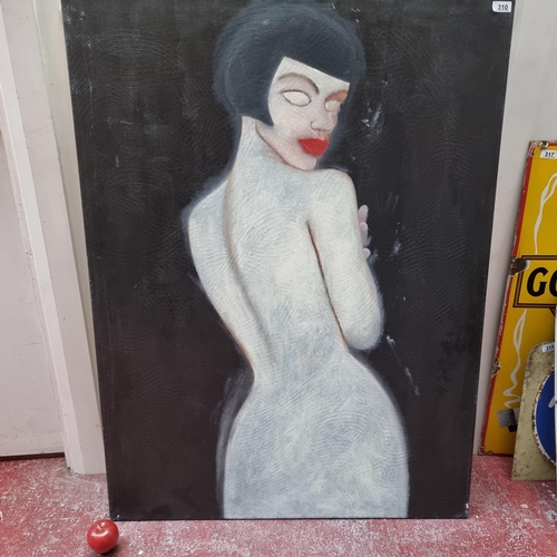 310 - A very large bold original acrylic on canvas painting featuring a femme fatale figure with a sharp b... 