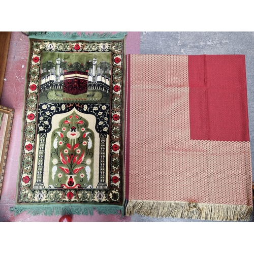 326 - Two beautiful textile items including a low pile prayer mat with scene of Mecca along with an ornate... 