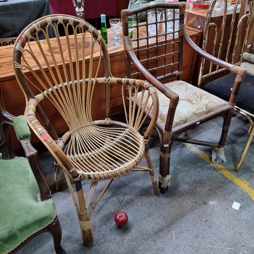 494 - Two vintage wicker and bamboo sunroom chairs including an example with a rounded backrest and anothe... 