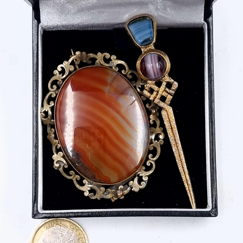 538 - A fabulous collection of two antique brooches, including a sterling silver Charldony stone brooch an... 