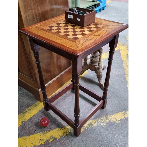 553 - Star Lot : A beautiful vintage chess table with a two-tone wooden top complete with an original set ... 