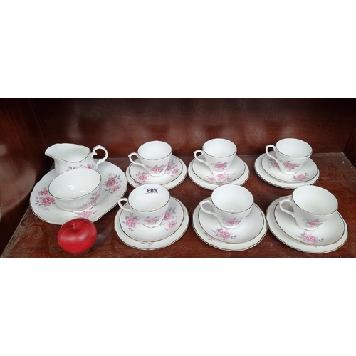 609 - A complete 21 piece bone china tea set by Duchess including cups, saucers, side plates, sandwich pla... 