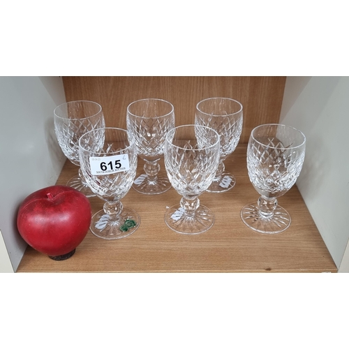 615 - A set of six large vintage Waterford Crystal stemmed glasses in the Boyne pattern. Acid marks to bas... 