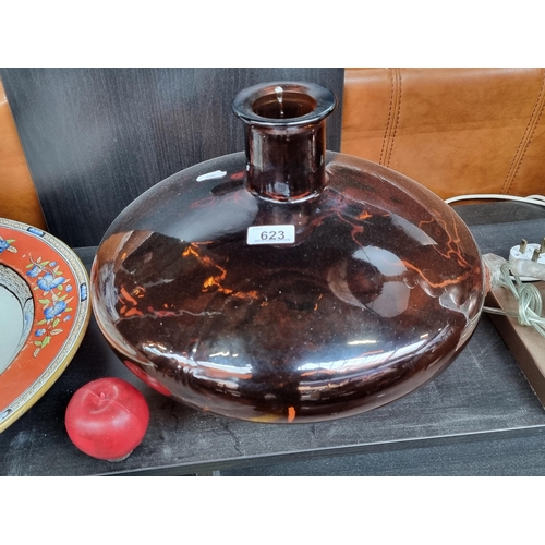 623 - An oversized Mid century hand blown brown art glass vase with large globular base.