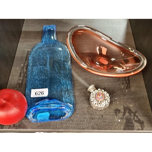 626 - Three art glass items including an unusual flattened blue glass bottle, a pink glass bowl and a smal... 