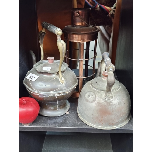 627 - Three copper items including two vintage teapots with brass and wood handles and a copper lantern pe... 