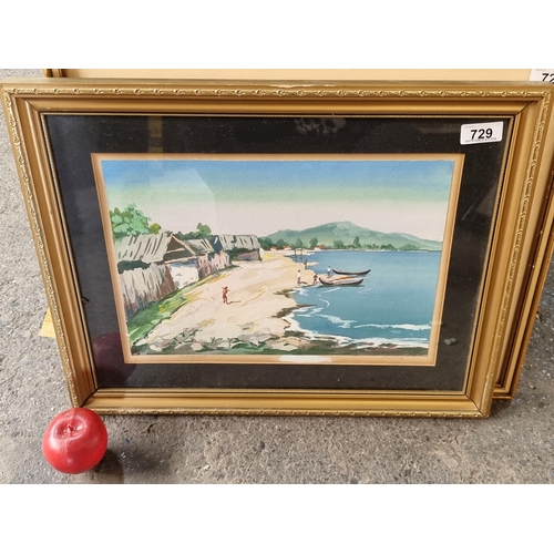 729 - An original acrylic on paper painting showing a seaside village on an island, in bright tropical col... 