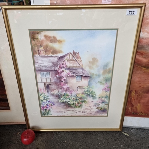 732 - A sweet original watercolour on paper painting featuring a lovely cottage in midspring with profuse ... 