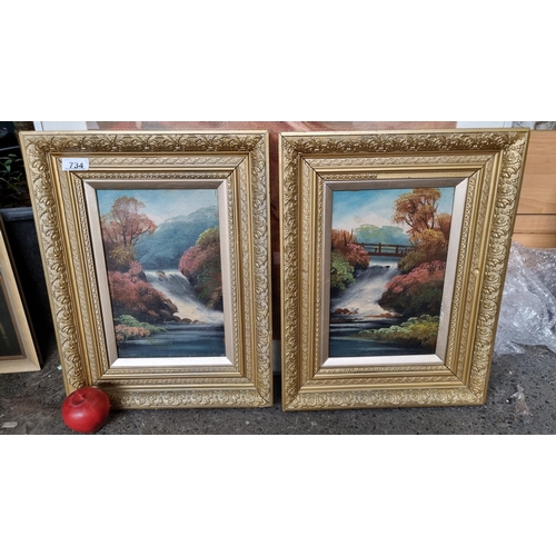 734 - A matching pair of original 19th century oil on canvas paintings depicting waterfall scenes in autum... 