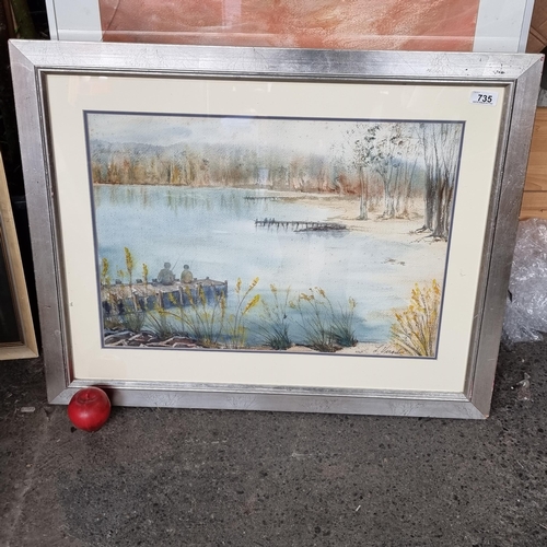 735 - A large original watercolour on paper painting showing a man and his son fishing at on a dock at a q... 