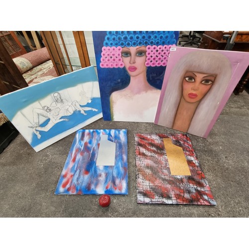 906 - A selection of five painted canvases . Including the smallest example at 50 x 60cm and the largest e... 