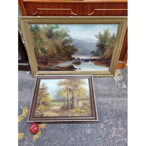 667 - Two charming  original oil paintings featuring autumnal landscapes. With the larger example painted ... 