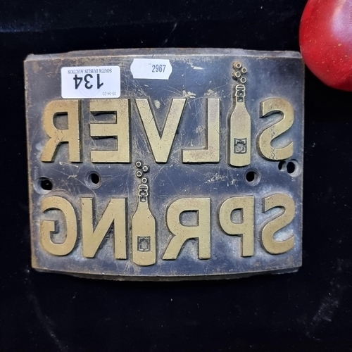 134 - A very heavy vintage Silver Spring bronze printing block. With lettering in high relief and of a cur... 