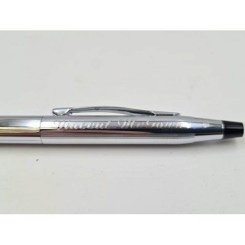 44 - A fine example of a brushed chrome Cross ball point pen, with inscription to barrel. Encased in a Cr... 