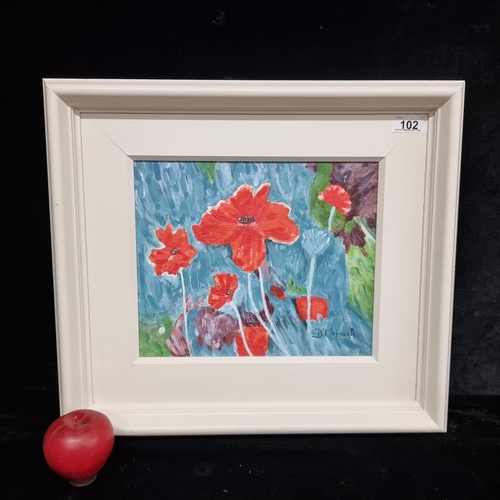 102 - A charming original oil on canvas board painting showing an expressionistic rendition of poppy flowe... 