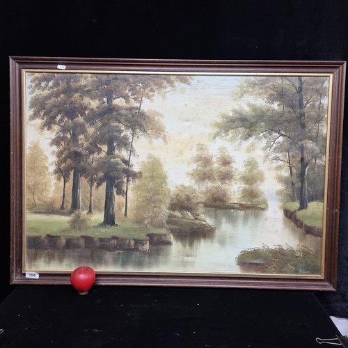 106 - A large original oil on canvas painting depicting an atmospheric riverside forest scene. Signed 'Pel... 
