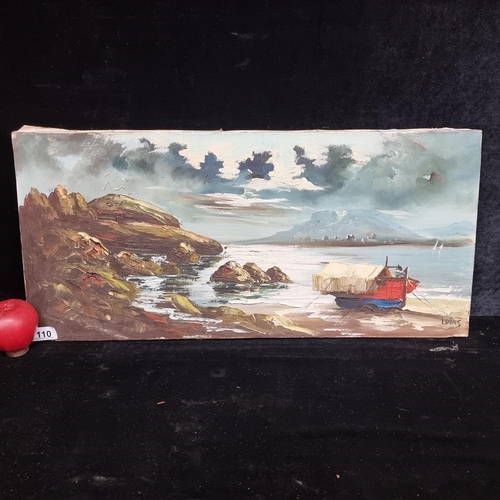 110 - A vintage oil on canvas painting featuring a covered boat moored by the shore in thick impasto strok... 