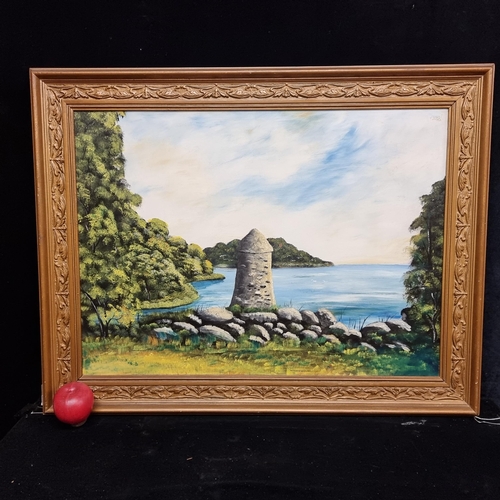 111 - A delightful original acrylic on board painting showing the ruins of a stone building sitting agains... 