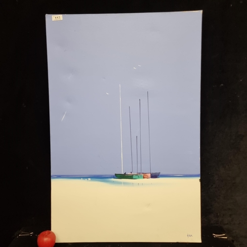 113 - A large original oil on canvas painting featuring an abstracted comopsition with the suggestion of y... 