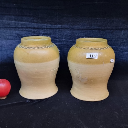 115 - Two matching antique stoneware tobacco jars from M.F. & Sons. In shades of brown and beige. With a d... 