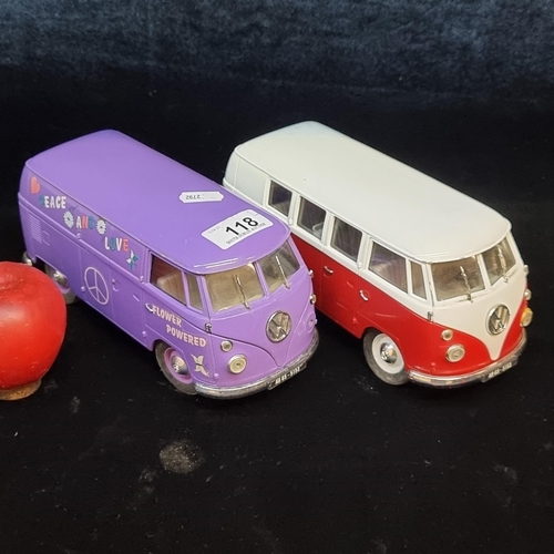 118 - Two metal Volkswagon Combi 1966 bus models from the brand Solido. Including a Flower Powered example... 