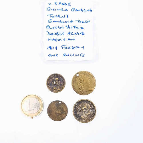 45 - A collection of tokens and coins, including two spade guinnie gambling tokens, a Queen Victoria gamb... 
