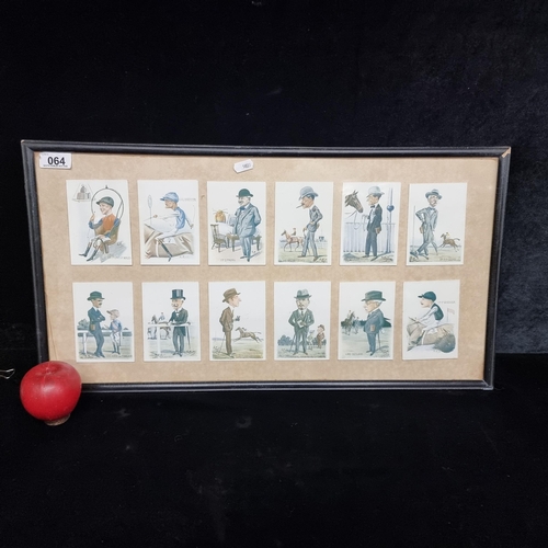 64 - A framed display of caricature cut outs of scenes from the races including named figures such as The... 