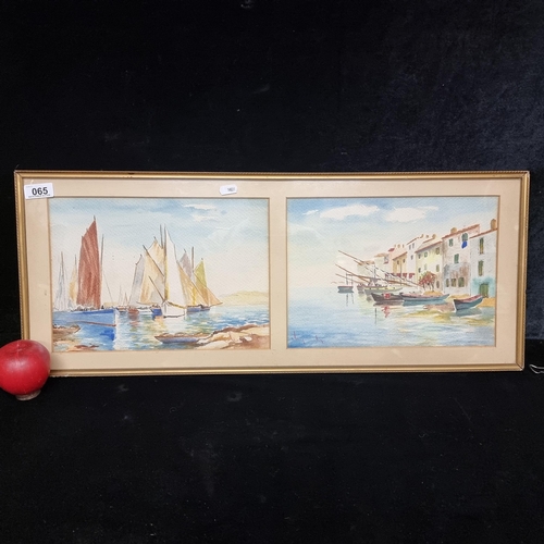 65 - A charming vintage watercolour diptych painting featuring scenes from a Mediterranean coastal villag... 