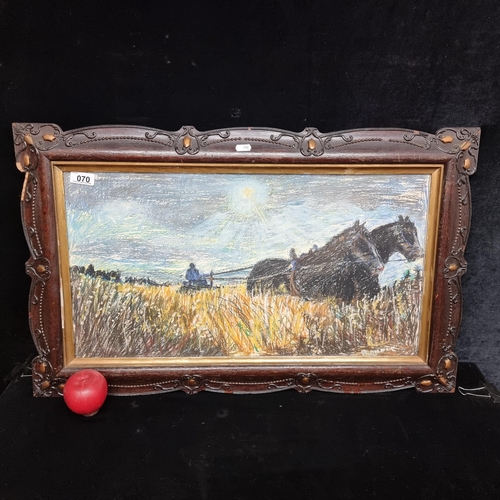 70 - An original oil pastel on paper artwork showing a farming scene of strong work horses pulling a heav... 