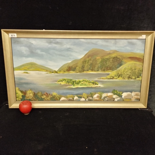 71 - An original acrylic on canvas painting showing a view over a lake in a west of Ireland setting rende... 