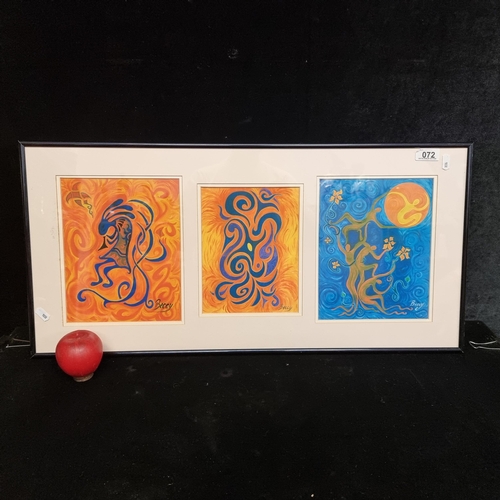 72 - A trio of colourful prints of abstracted compositions featuring figurative and zoomorphic motifs in ... 