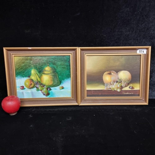 74 - A well observed pair of vintage original oil on canvas board paintings showing still life compositio... 