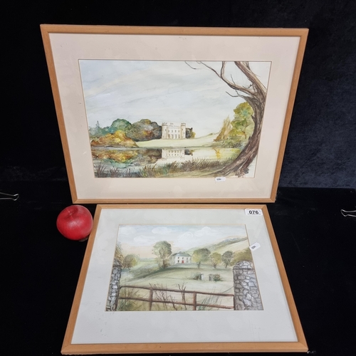 76 - A pair of original watercolour on paper paintings, the largest of which shows a stately home reflect... 